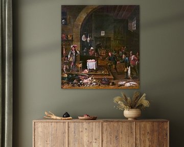 Een groot paleiskeukeninterieur, met een valkenier die terugkeert van de jacht, David Teniers de Jonge