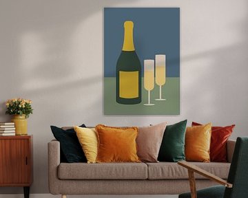 Bottle of sparkling wine and two glasses by DE BATS designs