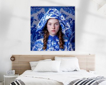 Portrait of a girl dressed in Delft Blue by Vlindertuin Art