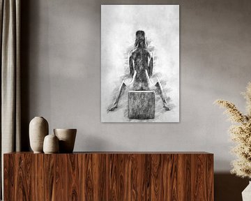 Naakte vrouw zittend op een kubus (erotiek, tekening) van Art by Jeronimo