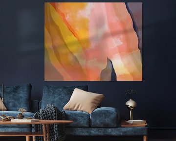 Peinture aquarelle abstraite moderne et colorée en rose, jaune et bleu sur Dina Dankers