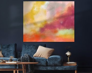 Kleurrijk modern abstract aquarel schilderij in geel, paars, oranje en roze van Dina Dankers