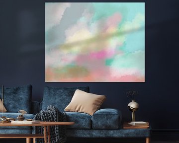 Kleurrijk modern abstract aquarel schilderij in mint, blauw, geel, roze van Dina Dankers