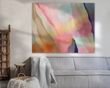 Kleurrijk modern abstract aquarel schilderij in roze, mint, geel, blauw en beige van Dina Dankers
