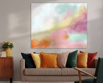 Kleurrijk modern abstract aquarel schilderij in geel, paars, oranje en mint van Dina Dankers