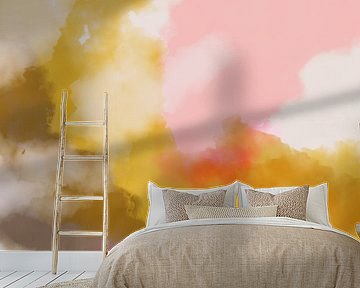 Colorful modern abstract watercolor painting in yellow, taupe and pink by Dina Dankers