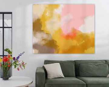 Kleurrijk modern abstract aquarel schilderij in geel, taupe en roze van Dina Dankers