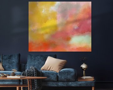 Kleurrijk modern abstract aquarel schilderij in rood, roze, geel, paars van Dina Dankers