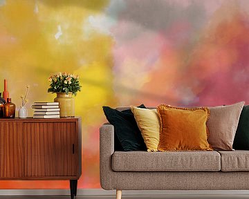 Kleurrijk modern abstract aquarel schilderij in rood, roze, geel, paars van Dina Dankers
