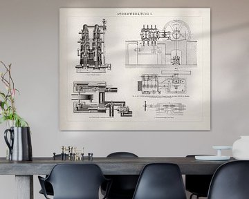 Vintage gravure Stoomwerktuig I van Studio Wunderkammer