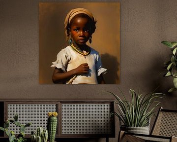 Afrikaans kindje. Meisje met hoofddoek poseert, olieverf effect van All Africa