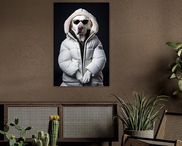 Labrador-Hund in weißer Daunenjacke 02 von Matthias Hauser