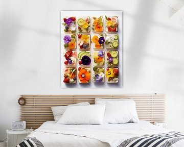 Flatlay of organised crackers with delicious things and edible flowers