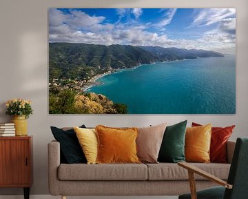 Panoramic view of all 5 villages of the Cinque Terre in Italy on sunny day by Robert Ruidl