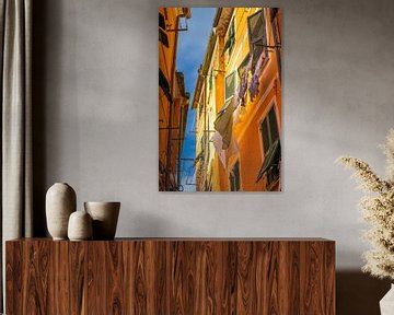 Clothes hanging out of the window to dry in sunlit alley in Vernazza by Robert Ruidl