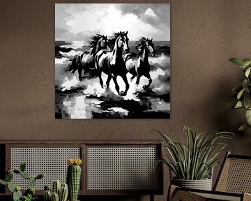 Chevaux au galop dans le ressac (noir et blanc) sur Anna Marie de Klerk