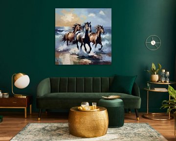 Galloping horses in the surf (blue brown) by Anna Marie de Klerk