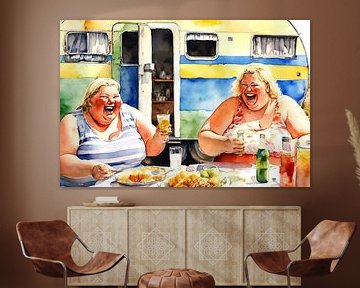 2 cosy ladies eating in front of the caravan by De gezellige Dames