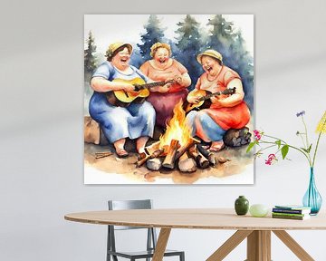 3 femmes sociables font de la musique autour d'un feu de camp sur De gezellige Dames