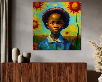 Afrikaans Jongentje Met Zonnebloemen, Van Gogh Stijl van All Africa