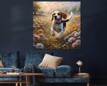 Beagle spelend in een bloemenveld van Johanna's Art