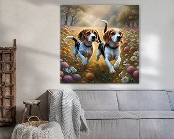 Beagle jouant dans un Flowerfield 2 sur Johanna's Art