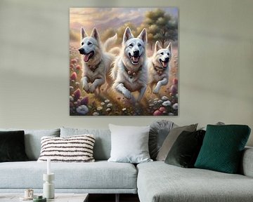 Witte Zwitserse herdershond speelt in een bloemenveld 3 van Johanna's Art
