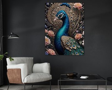 Botanische Vogelsammlung - Pfau von Wall Art Wonderland