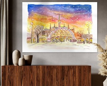 Verschneiter Wiener Rathausplatz und Weihnachtsmarkt bei Nacht