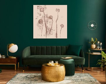 Abstract botanical art. Flowers in neutral pastel colors. Warm brown on beige by Dina Dankers