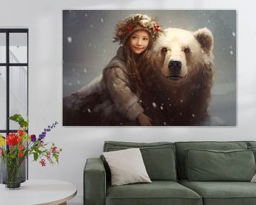 Winterlandschap met een beer en een meisje van Carla Van Iersel