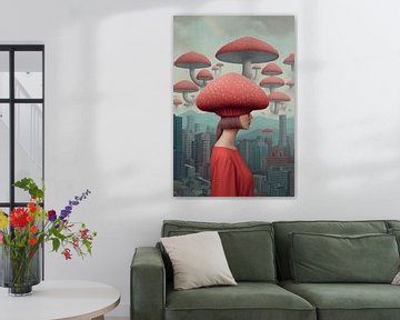 Vrouw met rood paddenstoelenhoofd van Hans-Jürgen Flaswinkel