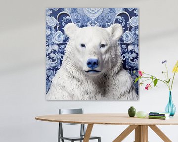 Polar bear animal portrait against Delft blue background by Vlindertuin Art