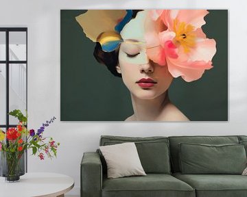 Portrait with large flower in collage style by Carla Van Iersel