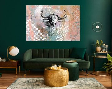 Farbiges Mischtechnik-Kunstwerk eines Büffels mit harten Hörnern von Emiel de Lange