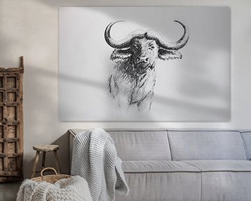Buffalo en nuances de gris - dessin au fusain sur Emiel de Lange
