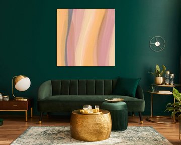 Modern abstract. Penseelstreken in roze, warm geel, blauw en bruin van Dina Dankers