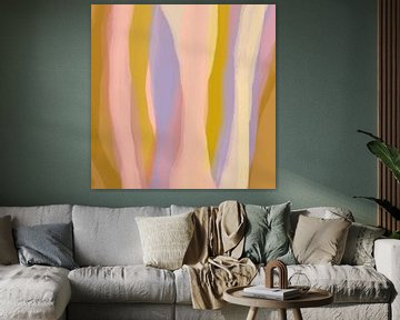 Modern abstract. Penseelstreken in okergeel, lila, roze, terra van Dina Dankers