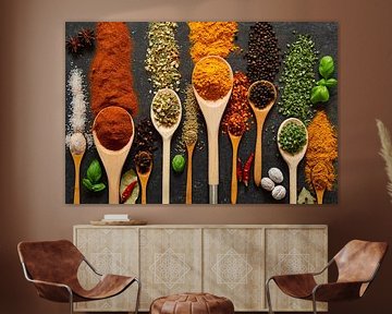 Spices and herbs on wooden ladles by Francis Dost