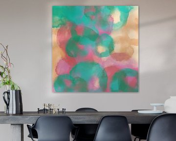 Neon art. Watercolor organic shapes in green, pink, ocher by Dina Dankers