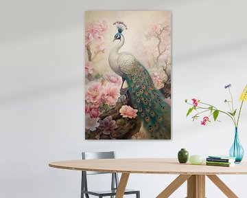 Stilleven van een pauw met roze bloemen van Digitale Schilderijen