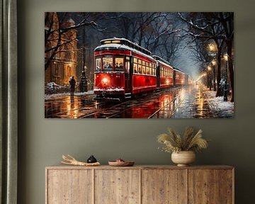 Alte rote Straßenbahn in der Stadt bei Nacht im Winter von Animaflora PicsStock