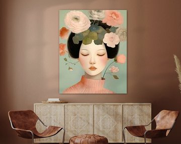 Portrait aux couleurs pastel avec des fleurs sur Carla Van Iersel