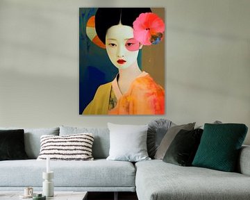 Geisha in neon kleuren, modern portret van Carla Van Iersel