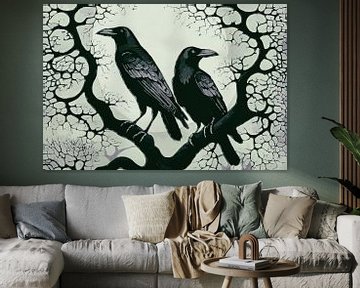 Two crows on a branch in moonlight by Anna Marie de Klerk