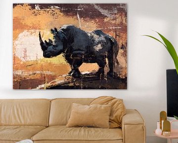 Big 5 - rhinoceros in rough drawing style - sunset in orange taupe and black by Emiel de Lange