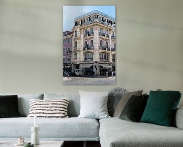 Street scene in Lisbon with historic hotel