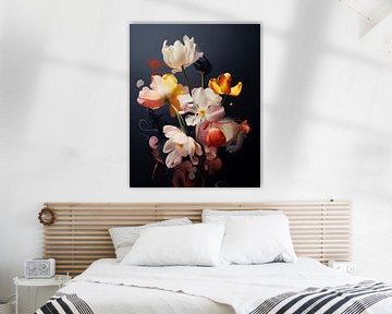 Explosion de fleurs avec de la peinture sur un fond sombre sur Carla Van Iersel