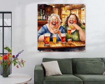 2 sociable ladies drink beer in the pub by De gezellige Dames