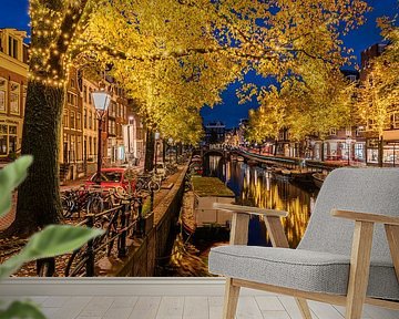 Gouden bomen langs de Amsterdamse Spiegelgracht van Jeroen de Jongh Fotografie